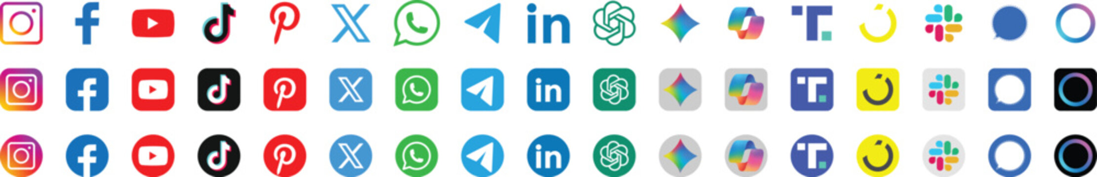 New updated social media icons set. facebook, instagram, slack, substack, AI app logo ChatGPT, Gemini, Meta AI, Copilot, whatsapp, linkedin, x. social media on transparent background for your design

