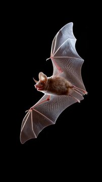 A small, furry bat with large ears flies against a dark background