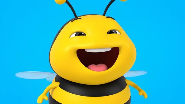 Cheerful Cartoon Bee, smiling. Cute, honeybee, happy 3D rendering on bright blue background. Positive, comic, friendly, isolated, character. Mascot!