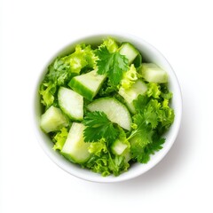 Fresh and Vibrant Green Salad with Cucumber and Cilantro in a Bowl on White Background