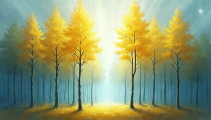 Fototapeta premium Golden trees stand in misty forest. Bright sunbeams filter through branches creating soft light. Blue sky and yellow ground. Peaceful nature painting.