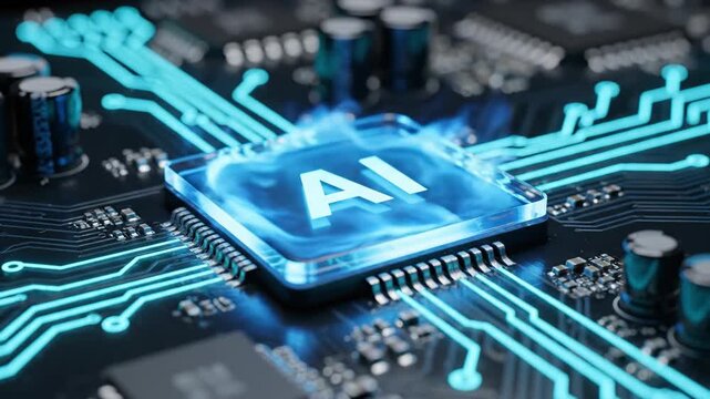 Glowing AI processor chip on a dark circuit board