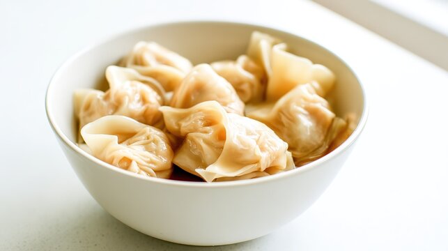 Warm and Comforting Wonton Soup in a Ceramic Bowl, Delicate Pork and Shrimp Dumplings Floating in Clear Golden Broth, Garnished with Fresh Chopped Chives, Bok Choy, and a Drizzle of Sesame Oil. Steam 