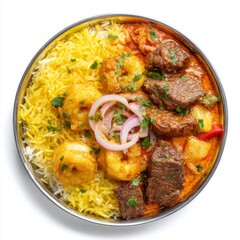 Fototapeta premium Savory Curry with Tender Meat, Flavorful Rice, Juicy Shrimp, and Fresh Vegetables in a Bowl
