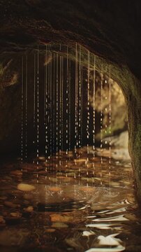 Ethereal strands of light descend from a rocky cave overhang into calm water