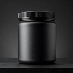 Sleek black plastic jar with a ribbed lid sits on a textured surface against a dark gray backdrop