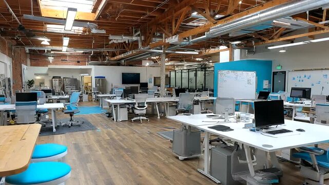 Modern Office Space with Open Layout and Wooden Ceiling.