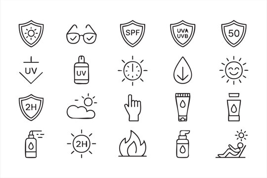 Minimal line icons for summer skin protection and UV safety