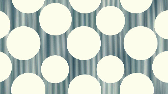 Abstract pattern with large cream colored circles over a background of dark blue vertical hatching for modern textile design.