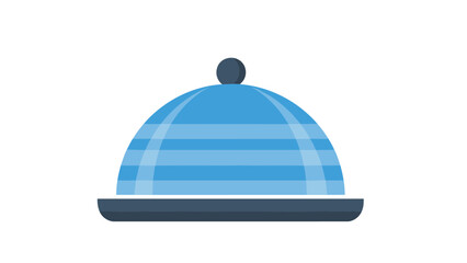 Fototapeta premium Blue striped food cloche or serving dome sits on a dark platter, representing fine dining and restaurant service.
