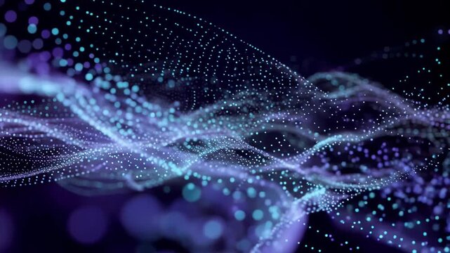 Intricate luminous blue and purple particles form flowing wave-like patterns in a dark, ethereal abstract space.