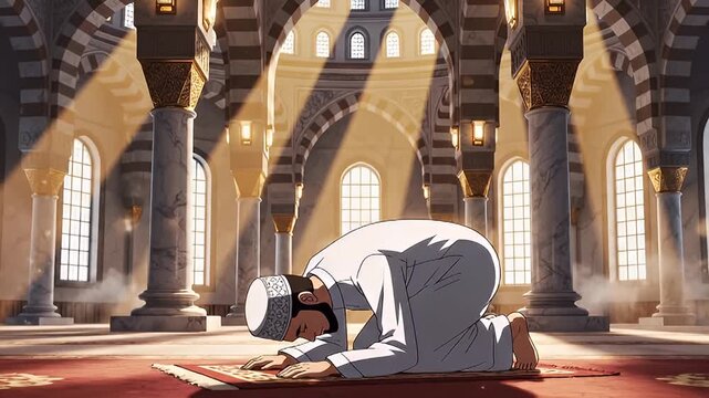Man in traditional attire praying inside a sunlit mosque