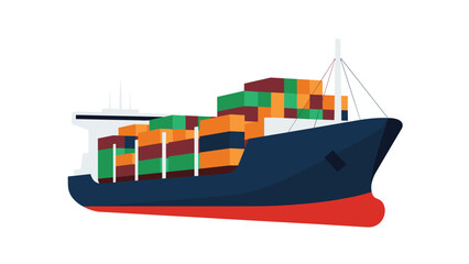 Large container ship carrying multicolored cargo boxes sailing across a white background for logistics and global trade.