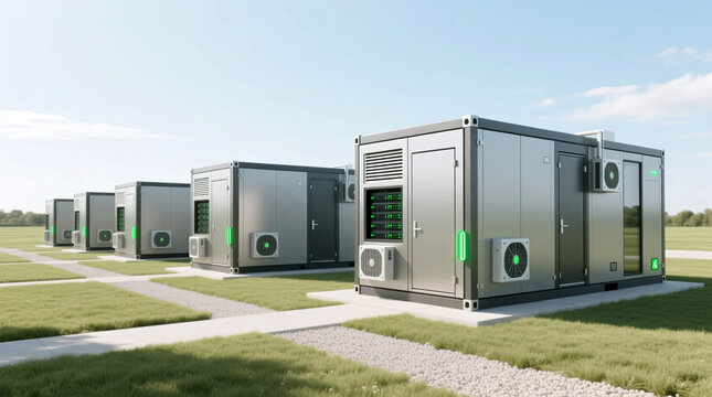 Futuristic modular green data center units arrayed on pristine outdoor landscape showcasing scalable infrastructure for sustainable cloud computing and efficient edge network solutions