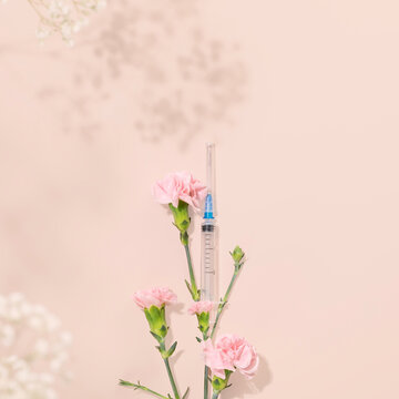 Medical Syringe With Pink Carnations On Soft Pastel Background In Minimal Composition. Concept of Aesthetic Medicine Trends, Beauty Injection Therapy, Cosmetic Skincare Promotion, And Modern Wellness 