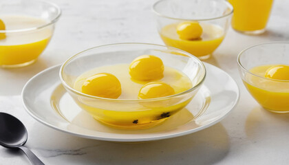 Bowl of yellow spheres dessert preparation recipe with small glasses aside