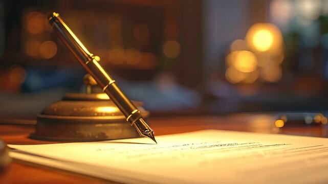 Close-up of Elegant Pen Writing on Paper in Warm Ambient Light.