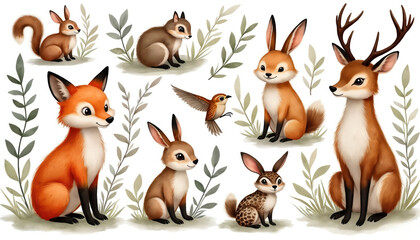 Obraz premium Cute watercolor woodland animals illustration set with fox, deer, rabbits, squirrel, bird, badger. Nature elements like leaves, grass create forest theme. Perfect for kids books, nature educational