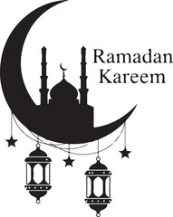 Islamic Vector Illustration Set &ndash; Mosque, Crescent Moon, Prayer, Lanterns, and Ramadan Kareem Symbols