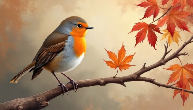 Artistic illustration of small robin bird perched on tree branch with red orange autumn maple leaves. Soft warm muted background with fall colors. Detailed painted style artwork.