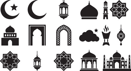 Islamic Vector Illustration Set &ndash; Mosque, Crescent Moon, Prayer, Lanterns, and Ramadan Kareem Symbols