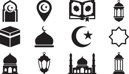 Islamic Vector Illustration Set &ndash; Mosque, Crescent Moon, Prayer, Lanterns, and Ramadan Kareem Symbols