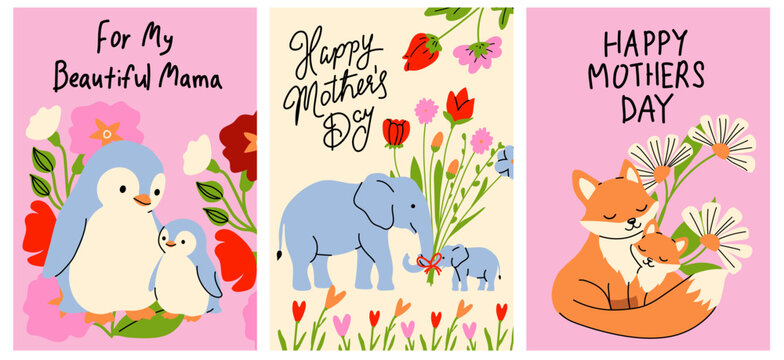 Happy Mother&rsquo;s Day Greeting Cards with Animal Moms