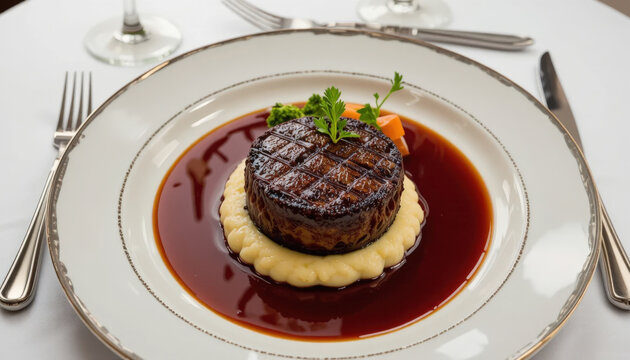 Close up of delicious beef tenderloin steak served with mashed potato on plate