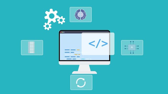 Animated computer monitor displaying programming interface surrounded by workflow, automation, and system icons, representing software development infrastructure and digital technology processes.
