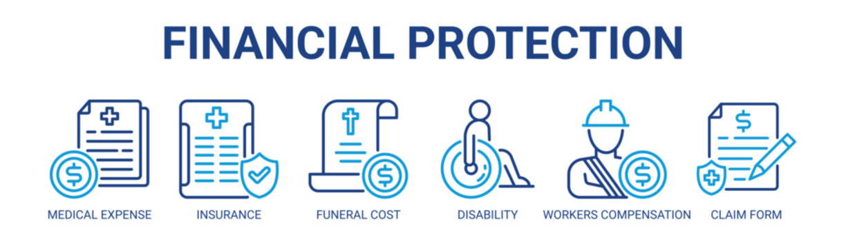 Financial Protection web banner icon vector illustration concept with icon of medical expense, insurance, funeral cost, disability, workers compensation, and claim form.