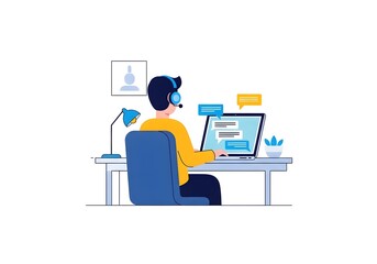 Professional customer service representative wearing headset providing online support from a clean workspace