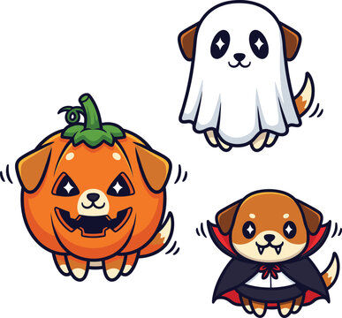 Cute Halloween Puppy Character Set Featuring Little Dog in Pumpkin Costume Ghost Sheet and Vampire Cape for Spooky Seasonal Holiday Vector Designs