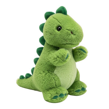 A cute green plush toy dinosaur with a friendly expression and spiky back. isolated on transparent background