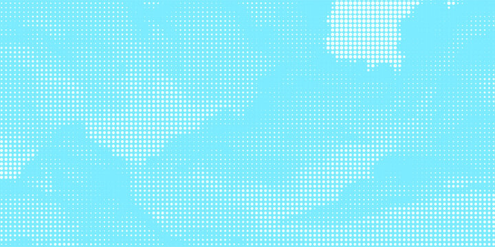 Dotted comic cloud background. White halftone clouds in blue sky. Pop art heaven wallpaper for banner, brochure, collage, poster, leaflet. Pixelated smoke, smog or fog texture. Vector illustration