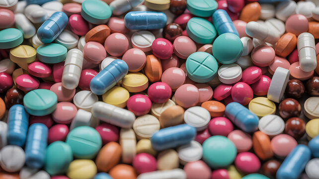 A close-up view of a colorful assortment of pills and capsules