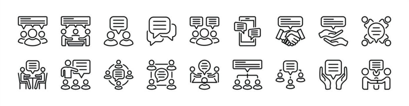 Opinion and insight of group people icon set. Contains discussion, comment, dialogue, communication, advice, conversation, chatting social media, conference, meeting - vector illustration