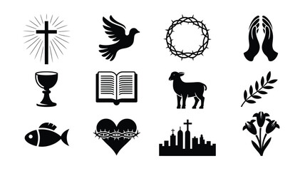Christian symbol logo pack featuring cross dove lamb chalice and bible icons in black on white background for religious design © Tuli