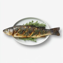 Grilled Whole Fish Garnished with Fresh Herbs on a White Plate Ready for a Culinary Presentation
