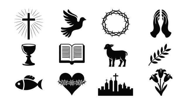 Christian symbol logo pack featuring cross dove lamb chalice and bible icons in black on white background for religious design