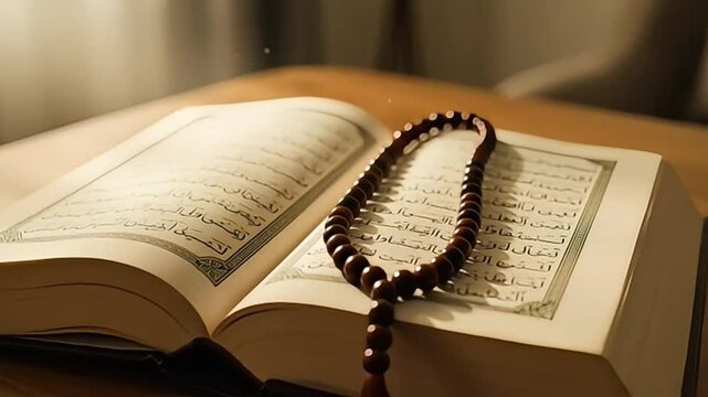 Spiritual Ramadan Scene with Open Quran and Prayer Beads