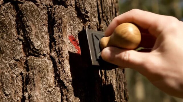 A hand repeatedly stamps a red 'X' mark onto the rough bark of a pine tree using a custom tool, likely marking the tree for official harvesting or surveying in the woodland.