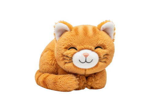 Cuddly orange tabby cat plush toy with closed eyes and soft texture. isolated on transparent background