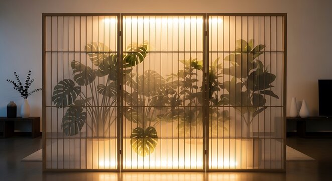 Illuminated room divider with plant silhouettes behind translucent panels