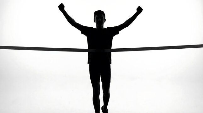 Silhouette of a man crossing the finish line with arms raised in victory, symbolizing achievement and success in a race or competition