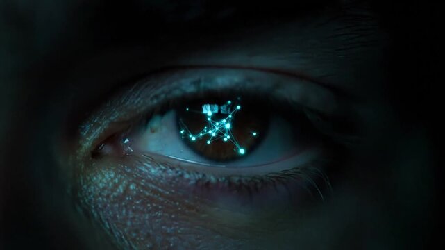 A human eye focuses intently in the dark, reflecting an evolving blue network pattern &mdash;suggesting immersion in digital data, AI, or advanced technological interfaces over eight seconds.