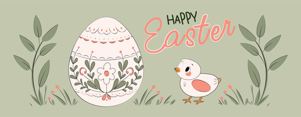 Easter greeting card with decorative egg, flowers and cute chick in pastel spring style