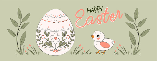 Easter greeting card with decorative egg, flowers and cute chick in pastel spring style
