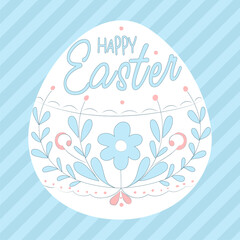 Easter Egg Vector Illustration with Floral Pattern and "Happy Easter" Text Isolated on Striped Blue Background