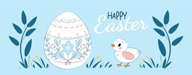 Easter greeting card with decorative egg, flowers and cute chick in pastel spring style