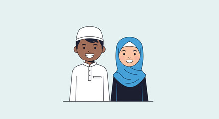 This flat design vector illustration portrays a Muslim boy and girl standing together, symbolizing friendship, diversity, and community among children. 